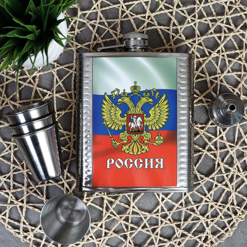 Набор в подарочной коробке Фляжка 500 мл Россия + 4 стопки, воронка / FL-150 /уп 40/