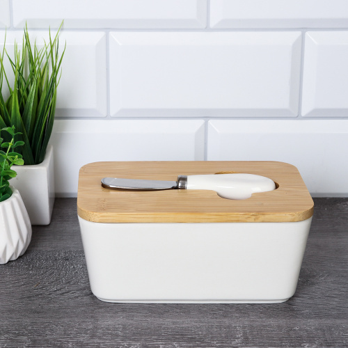 Масленка и нож 17х10 см / MN3919 /уп 36/ на деревянной подставке