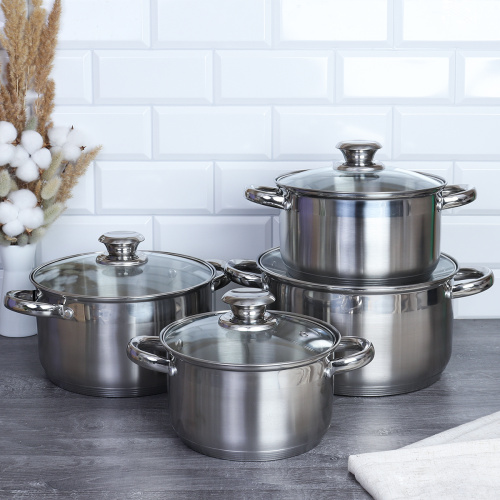 Кастрюля набор 8 предметов 2,5л,3,5л,4,5л,6л Ария/ Set 2 - R-151 /уп 2/ индукция/ круглые ручки/цветная коробка