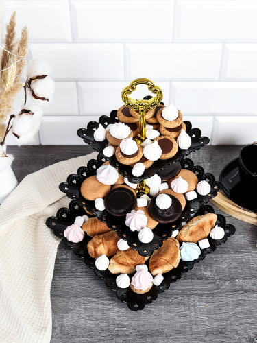 Ваза для фруктов 3-х ярусная 15/20/25 Квадрат черная / D-1265 /уп 100/ Пластик