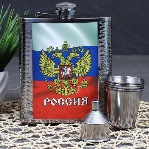 Набор в подарочной коробке Фляжка 500 мл Россия + 4 стопки, воронка / FL-150 /уп 40/