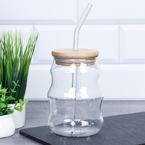 Банка стакан для смузи с трубочкой бамбуковая крышка 550 мл / LCWB4746 /уп 97/*Ц