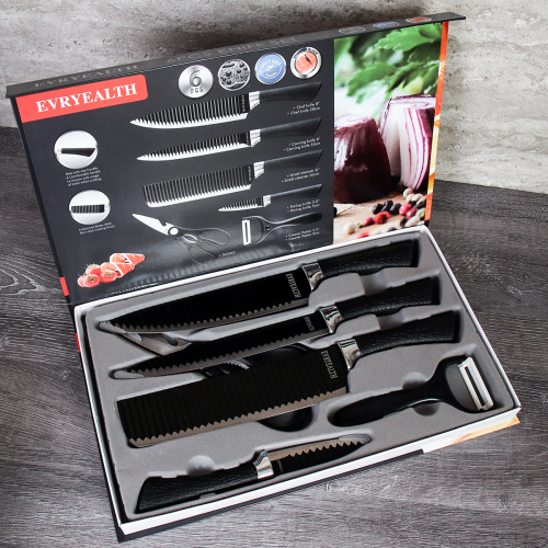 Набор кухонных ножей 6 предметов в магнитной коробке / WD-100 /уп 30/ножницы и овощечистка в комплекте