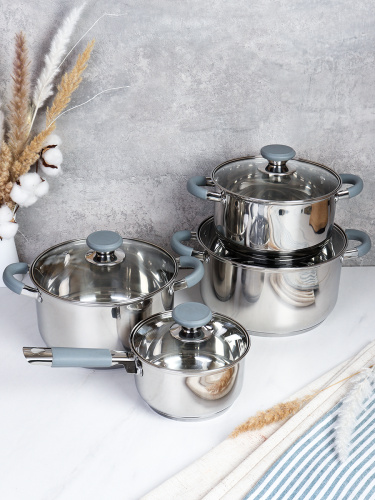 Кастрюля набор 8 предметов 1.7л, 3.2л, 4.2л, 5.4л Элиос с ковшом / LB-S-1106-8B /уп 1/ индукция/ ручки с силиконом/ Гофрокороб/ KISIGA