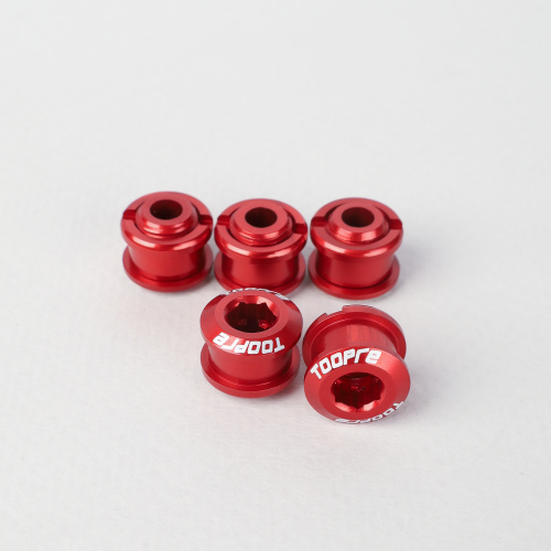 Бонки алюминиевые TOOPRE CN-01 12х12х9.6mm болт + гайка 6.5мм высота для крепления передних звёзд к системе шатунов. Набор 5 штук. Красный