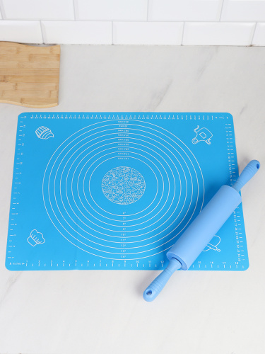 Кондитерский набор Силиконовый коврик 50х40 см и скалка / GY-633-E+GR-476 Голубой
