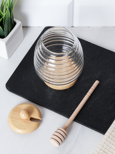 Банка для меда с ложкой на подставке бамбуковая крышка 400 мл / 7458 /уп 120/