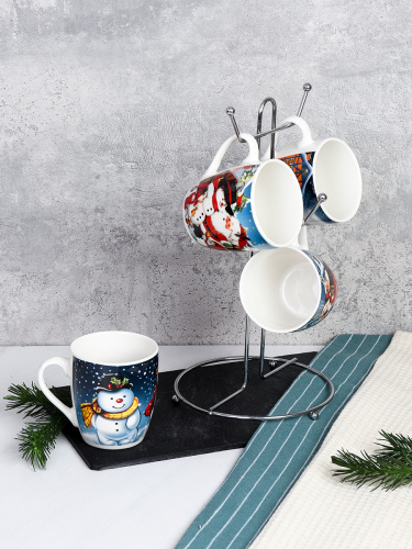 Кружка 4 штуки на маталлстенде новогодняя 250 мл / X605 /кружка новогодняя/ АКЦИЯ