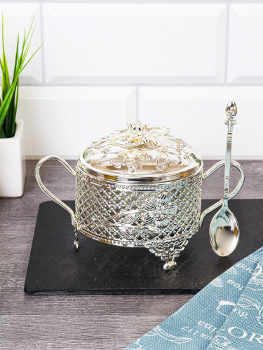 Сахарница 200 мл с ложкой / 889-3-SILVER /уп 96/