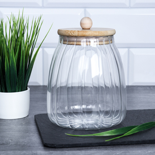 Банка для сыпучих бамбуковая крышка Бочонок рифленая 1100 мл / LCSC2433 /уп 60/