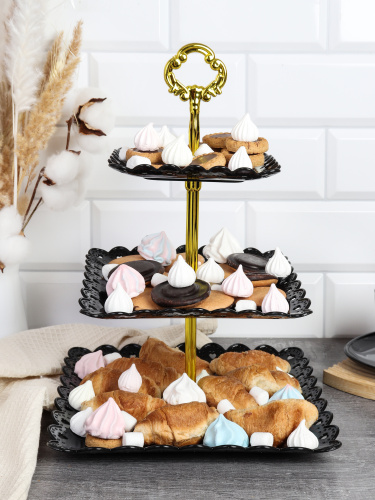 Ваза для фруктов 3-х ярусная 15/20/25 Квадрат черная / D-1265 /уп 100/ Пластик