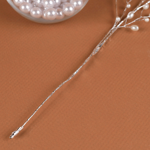 Ветка декоративная стеклярус 35 см / SA23703 /уп 720/серебро жемчуг*