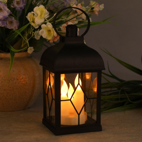 Светильник фонарь настольный Новогодний 21 см черный три свечи / YR01594B /уп 48/от батареек