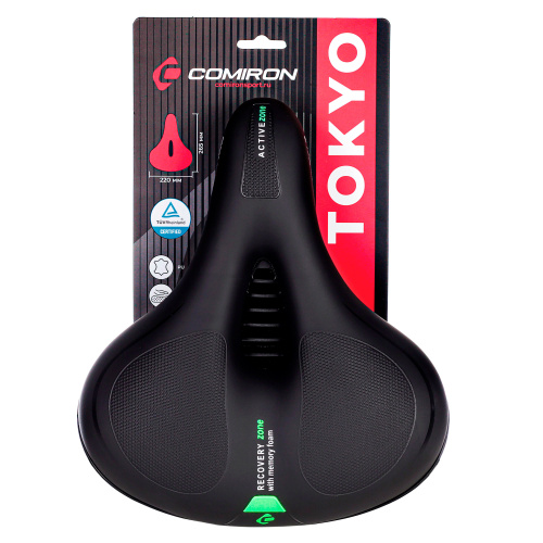 Седло велосипедное комфортное COMIRON TOKYO C012 265x220, Технологии: ED, MEMORY FOAM, Верх: PU с пресс. принтом, Цвет: Чёрный+:Зелёный/ АКЦИЯ /уп 20/
