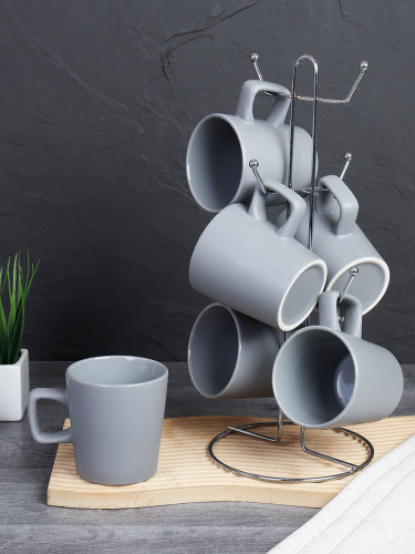 Кружка 6 штук на металлстенде 320 мл Серый / FR-779 / АКЦИЯ