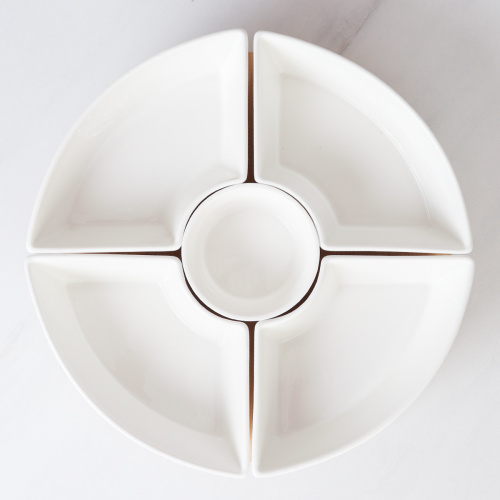 Менажница 5 секций Белые розы / 860026 /уп/ на деревянной крутящейся подставке/ ПРОМО АКЦИЯ