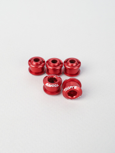 Бонки алюминиевые TOOPRE CN-01 12х12х9.6mm болт + гайка 6.5мм высота для крепления передних звёзд к системе шатунов. Набор 5 штук. Красный