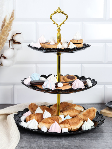 Ваза для фруктов 3-х ярусная 18/22/27 Круг черная / D-1260 /уп 80/ Пластик